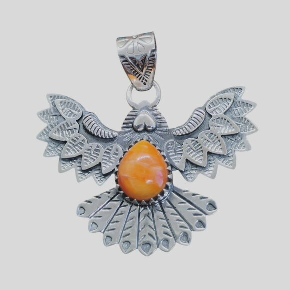 Southwest Soaring Eagle Pendant Orange Spiny Oyster Sterling Silver Unisex Large - Picture 2 of 7